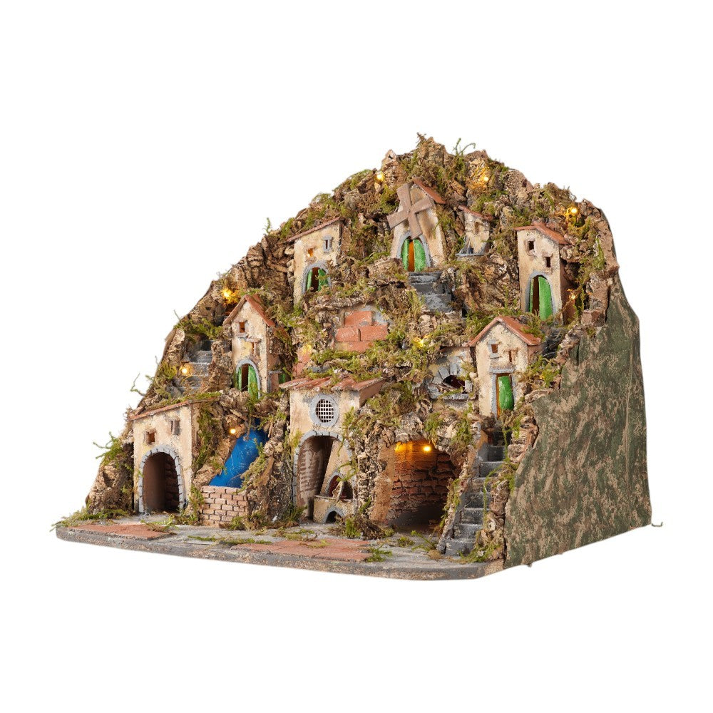 Presepe napoletano artigianale con luci forno mulino e cascata 75x60x60 cm