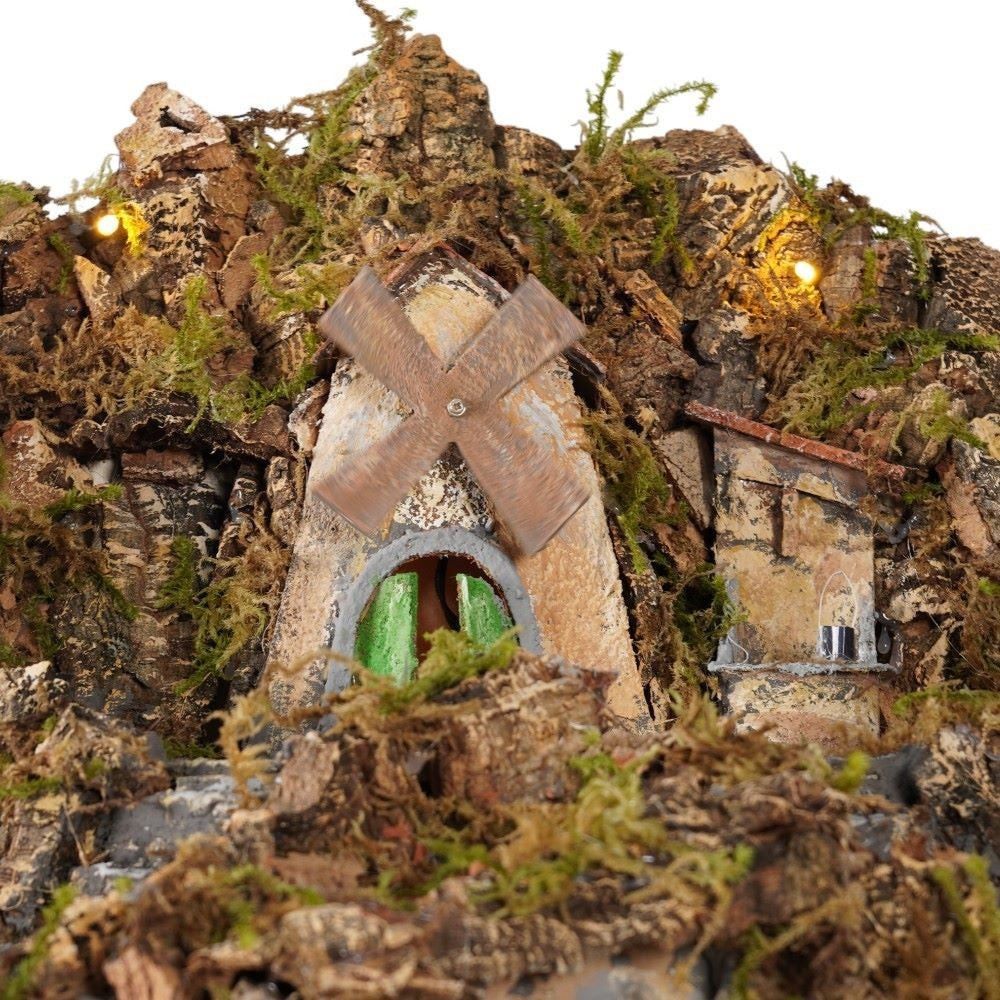Presepe napoletano artigianale con luci forno mulino e cascata 75x60x60 cm