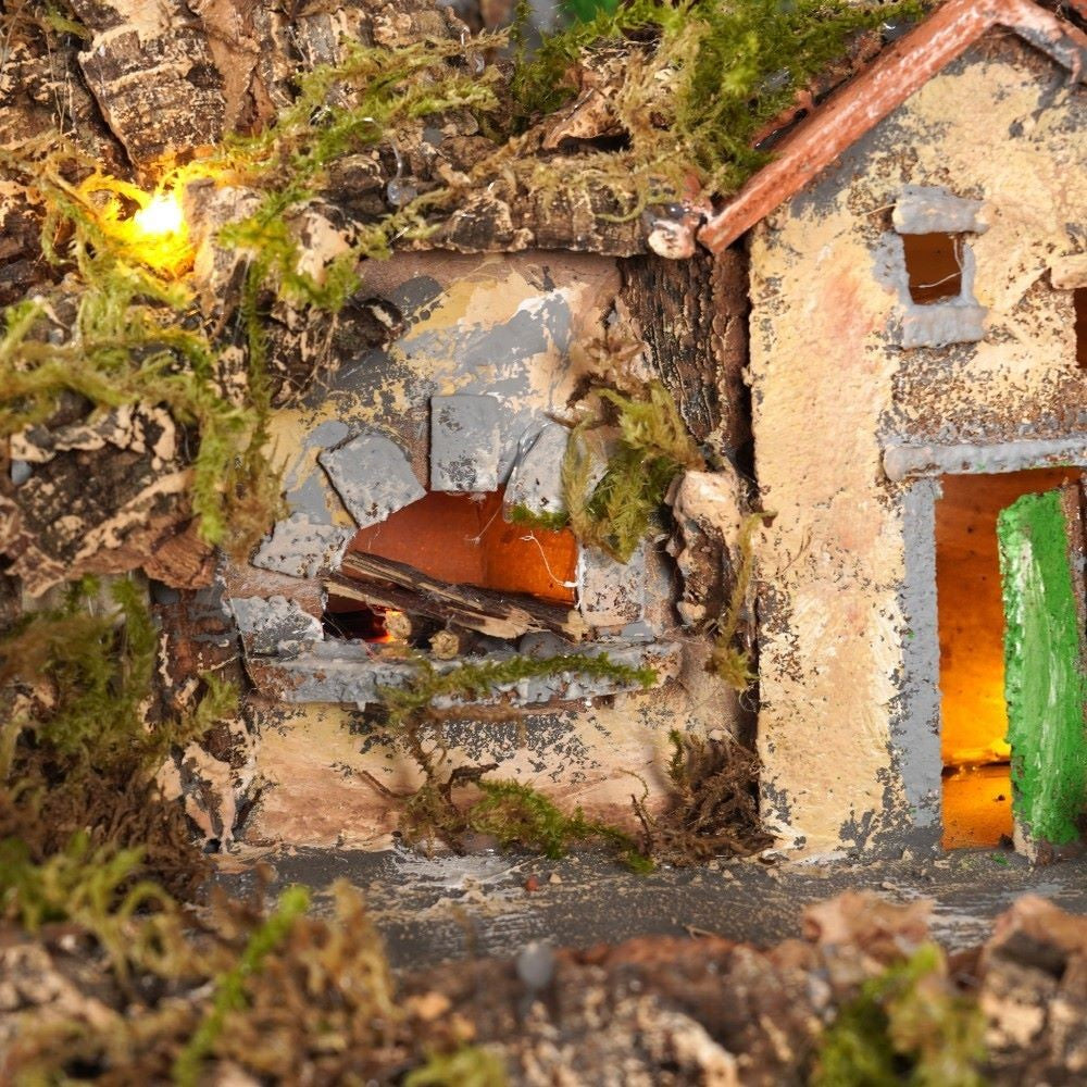 Presepe napoletano artigianale con luci forno mulino e cascata 75x60x60 cm
