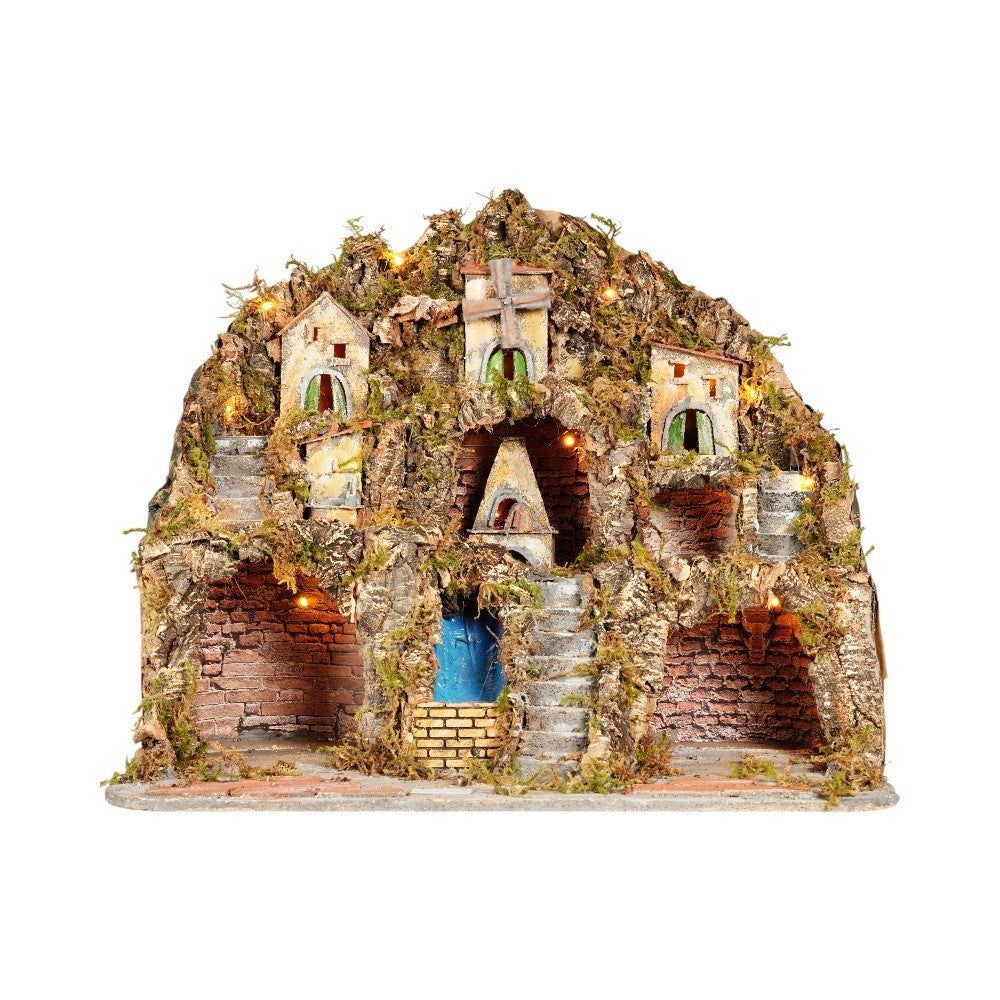 Presepe napoletano artigianale con luci mulino forno cascata 60x50x55 cm