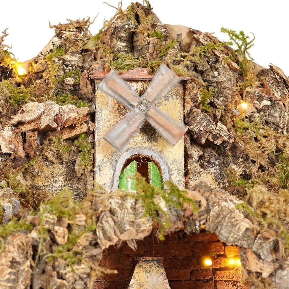 Presepe napoletano artigianale con luci mulino forno cascata 60x50x55 cm