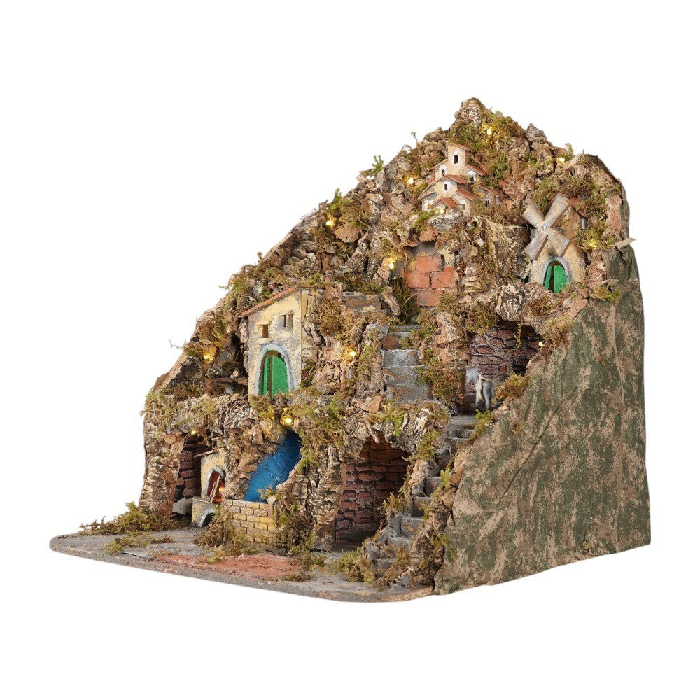 Presepe napoletano artigianale con forno mulino cascata macina e luci 60x54x60