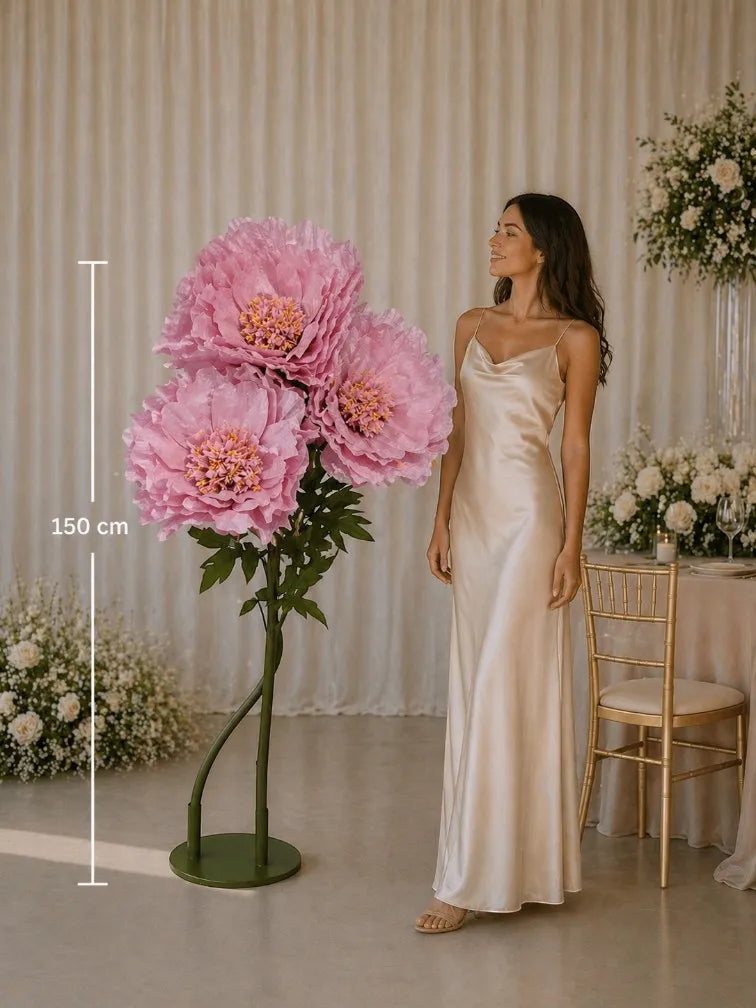 Set peonie giganti Old Pink 3pz con base metallo decorazioni