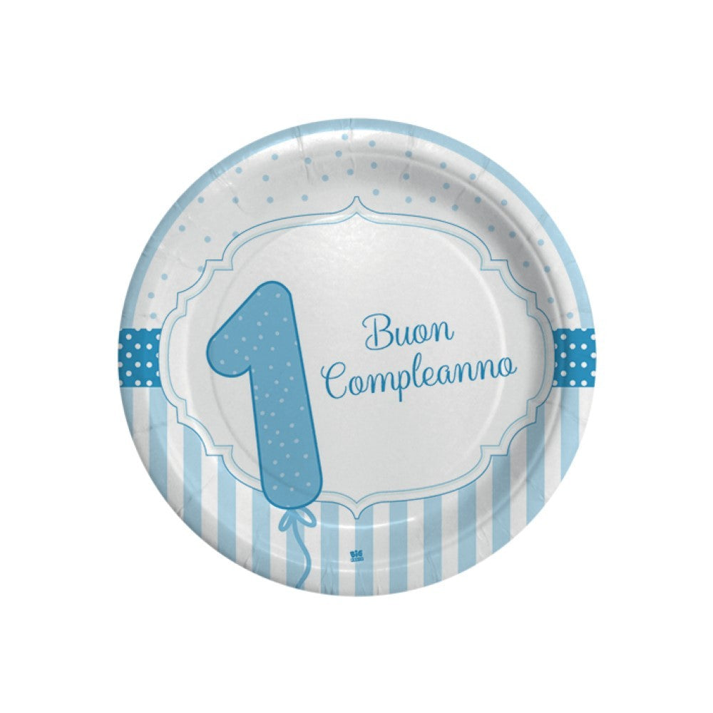 Piatti di carta 18cm Buon primo compleanno Celeste 8pz