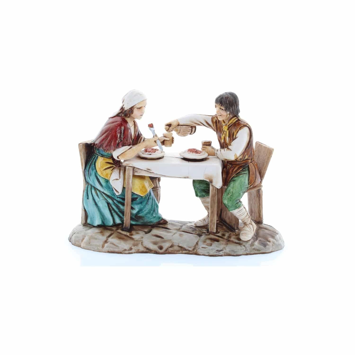 Pastori statuine Coppia che mangia al tavolo 10 cm di plastica Moranduzzo