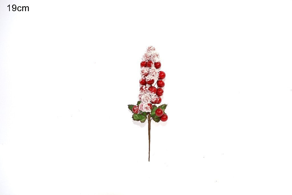 Addobbo spillone foglie innevate e bacche rosse 19cm