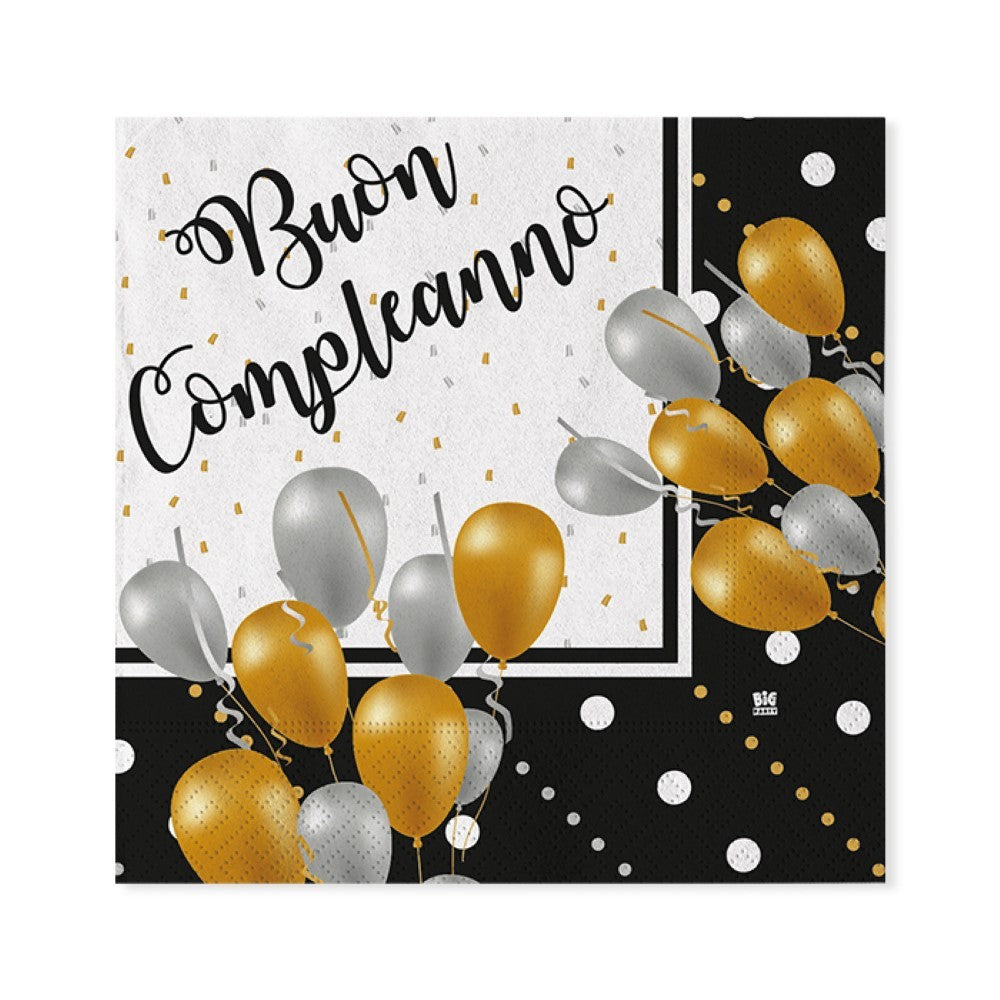 Tovaglioli di carta Buon Compleanno Prestige Nero e Oro 33x33 cm 20 Pz