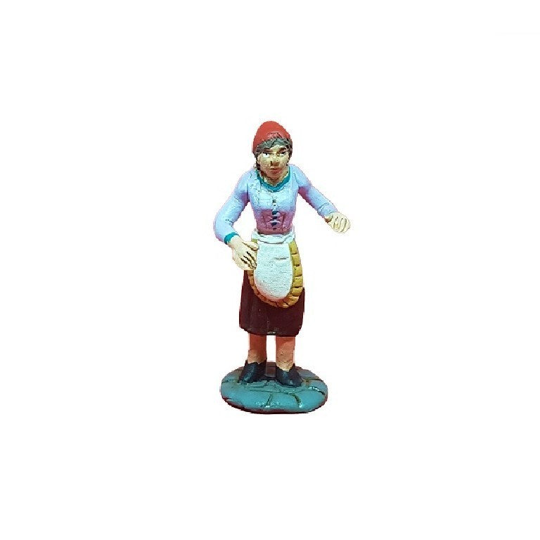 Pastore statuina Donna Carmela con grembiule 7 cm di terra cotta per presepe
