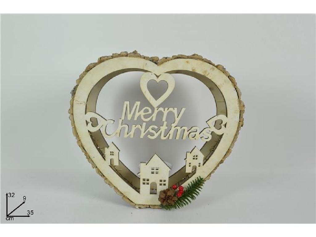 Addobbo Cuore di legno portacandela Natalizio Merry Christimas 32x9x35 cm