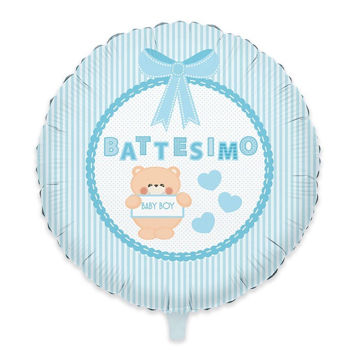 Palloncino Mylar Tondo cm.45 Battesimo Teddy Celeste