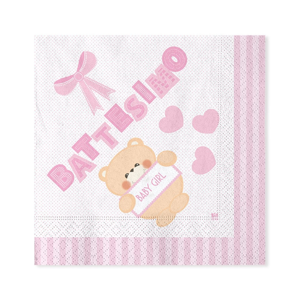 Tovaglioli di carta Battesimo Teddy Rosa 33x33cm 20pz