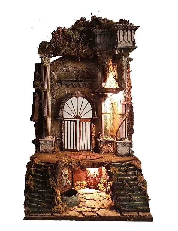 Tempio presepe con colonnato luci e fontana 40x40x72 cm