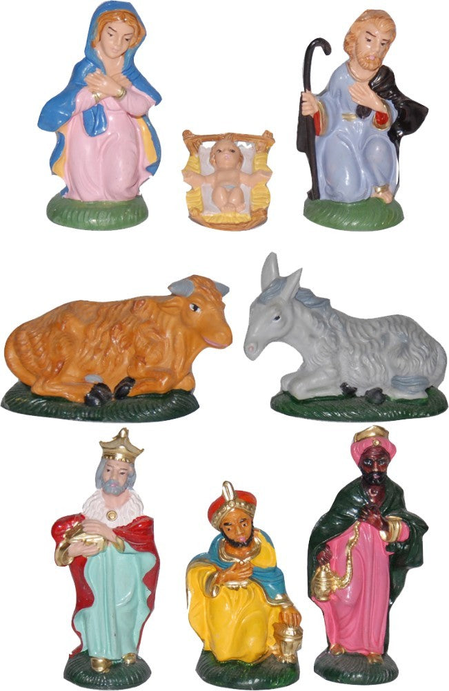 Scatola con Natività 8 figure in plastica tipo legno e dipinti a mano, adatti pe