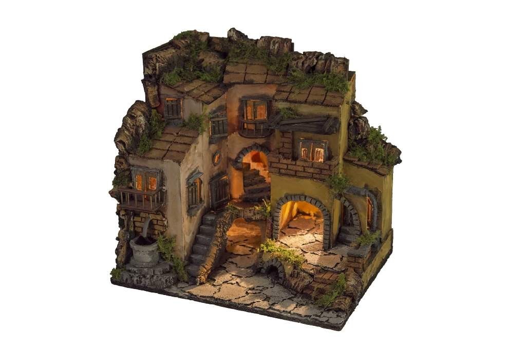 Presepe Borgo napoletano stile 700 con luci 30x40x37 cm