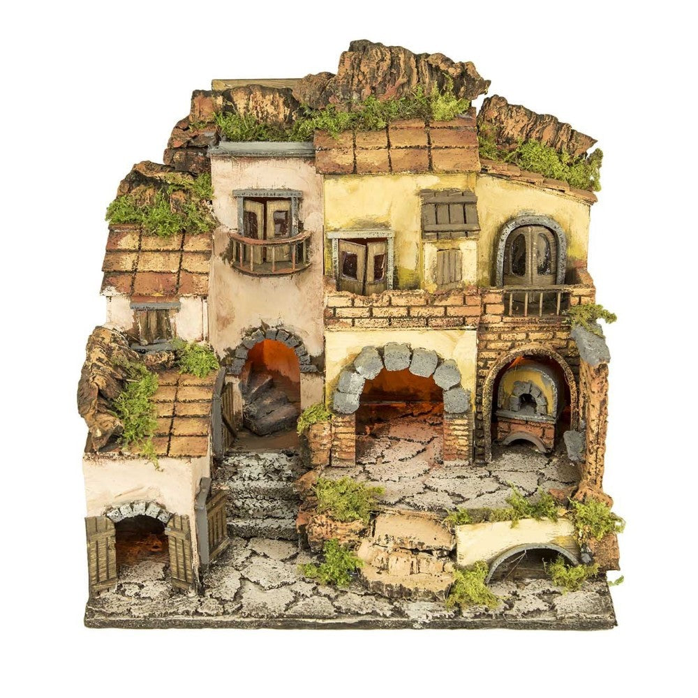Presepe borgo napoletano stile 700 con forno effetto fiamma 30X40x36