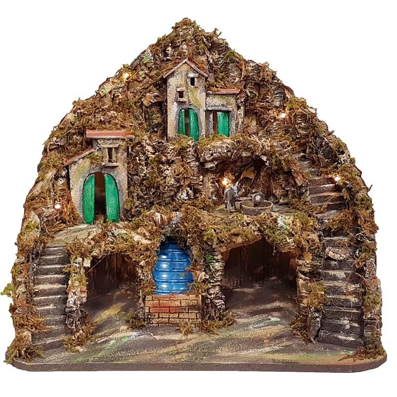 Presepe paesaggistico Napoletano con luci macina e cascata 55x40x52 cm