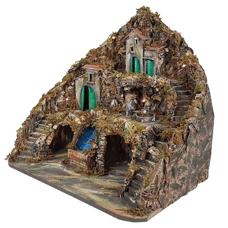Presepe paesaggistico Napoletano con luci macina e cascata 55x40x52 cm