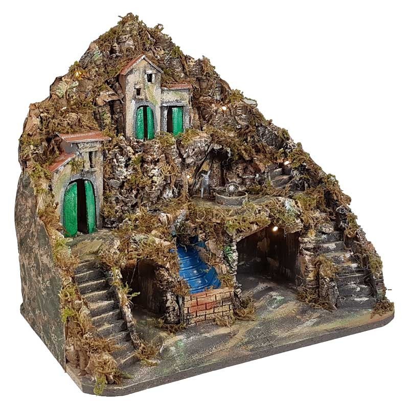 Presepe paesaggistico Napoletano con luci macina e cascata 55x40x52 cm