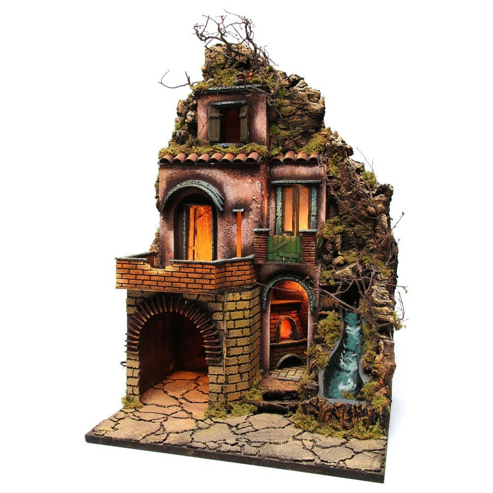 Presepe borgo napoletano artigianale con luci cascata e forno 50xx40x60cm
