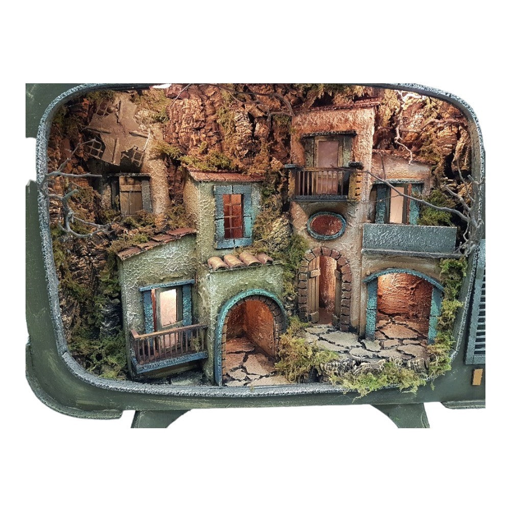 Presepe borgo napoletano stile 700 riprodotto in una TV antica 60x25x50 cm