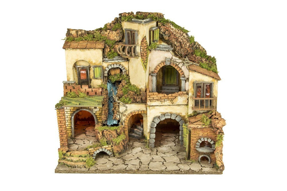 Presepe borgo stile 700 artigianale con luci forno e cascata 40x60x53 cm