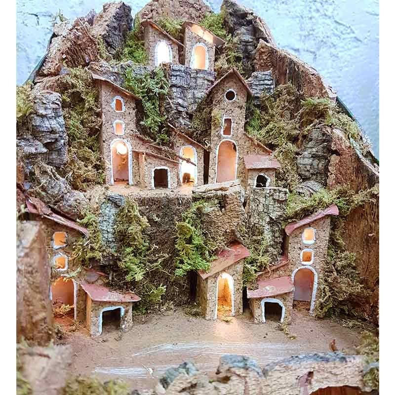 Presepe paesaggistico napoletano artigianale con luci 25x25x30 cm
