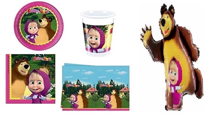 Kit coordinato tavola per festa tema Masha e Orso per 8 persone 38 Pz