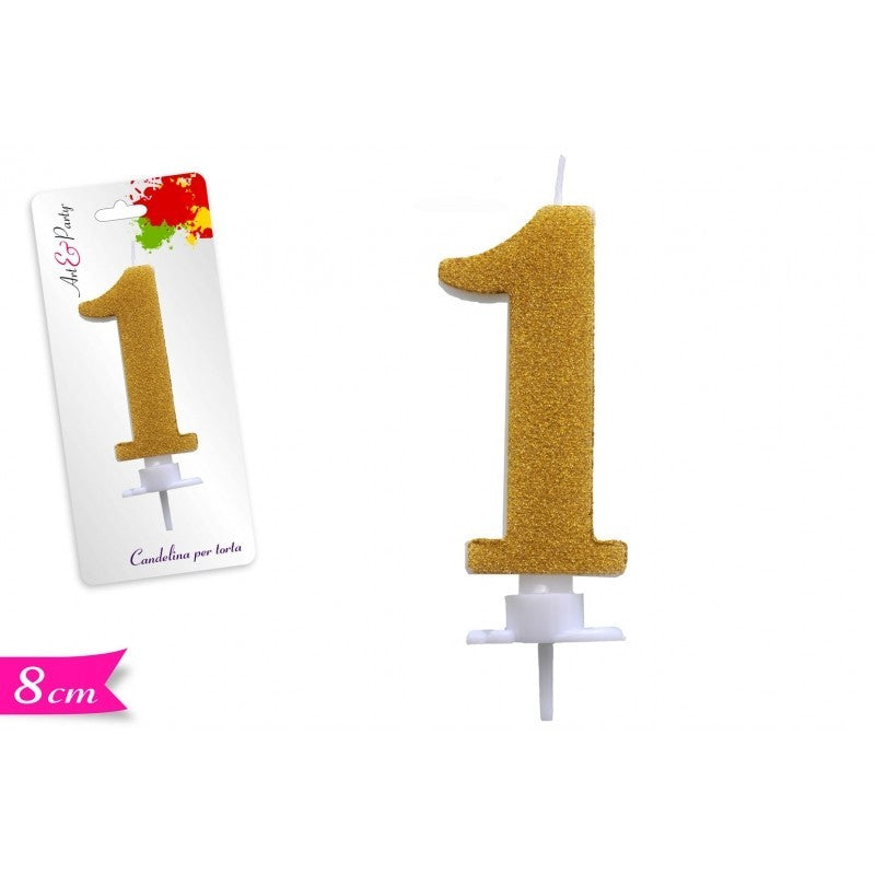 Candelina di cera numero 1 Oro Glitter 8 cm