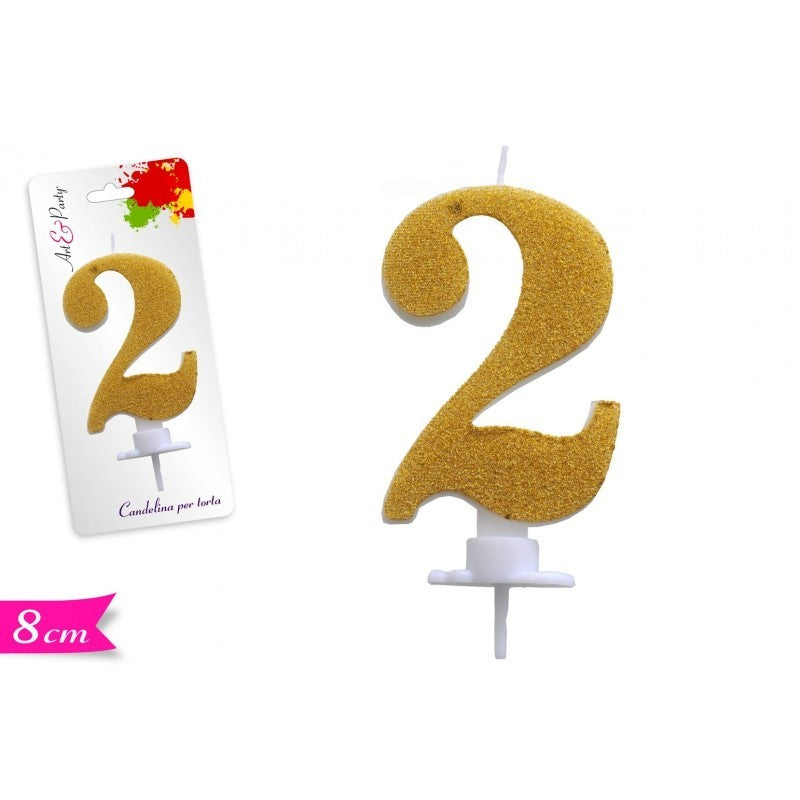 Candela di cera numero 2 Oro Glitter 8 cm