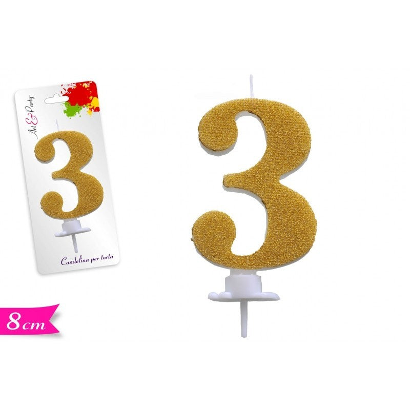 Candelina di cera numero 2 Oro glitter 8 cm