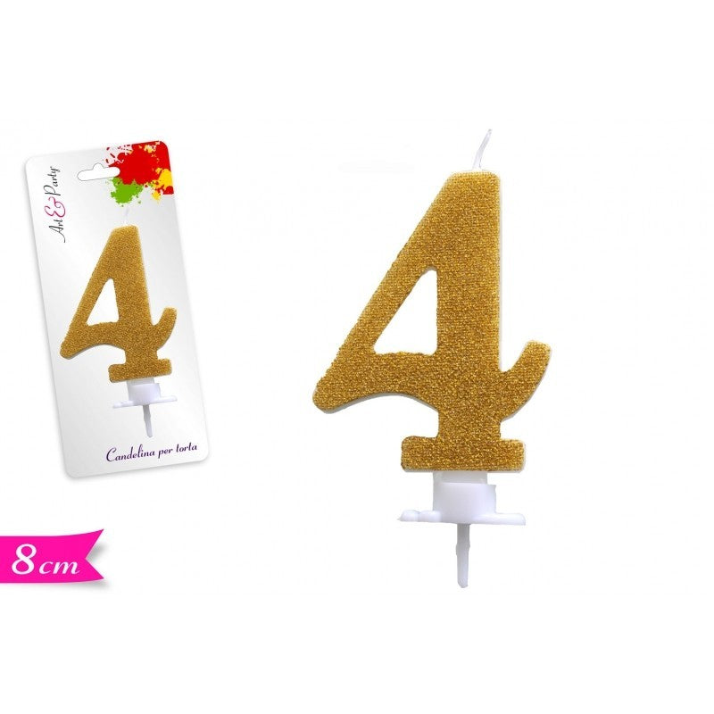 Candelina di cera numero 4 Oro glitter 8 cm