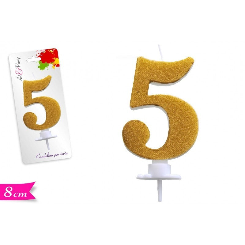 Candelina di cera numero 5 Oro Glitter 8 cm