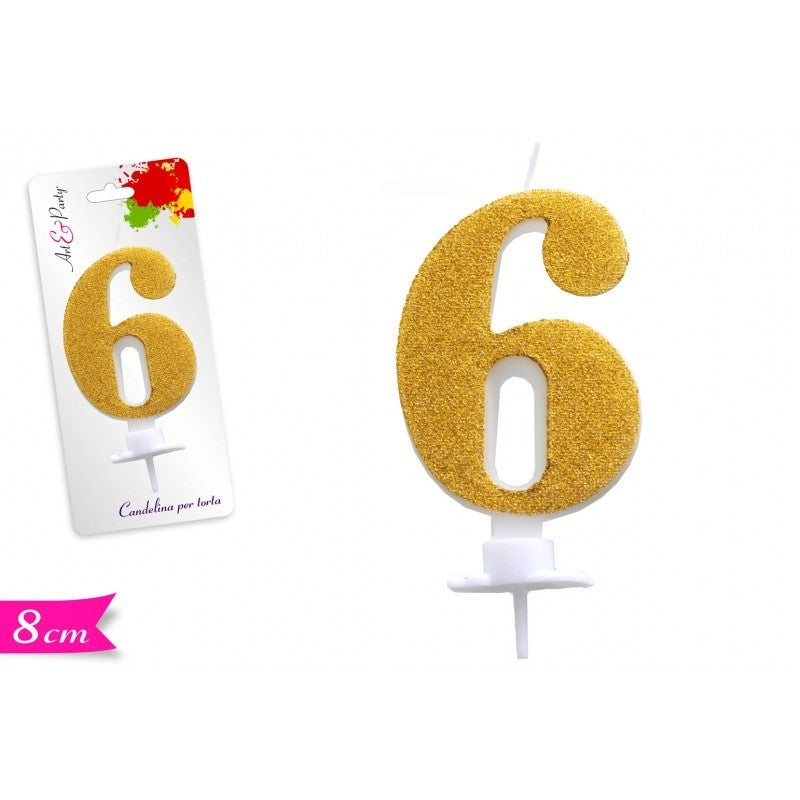 Candelina di cera numero 6 Oro glitter 8 cm