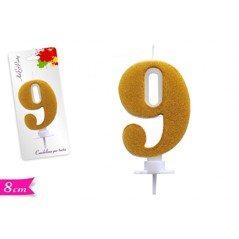 Candelina numero 9 Oro Glitter 8 cm