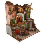 Presepe Borgo stile 700 con mulino a vento e luci 60x40x62 cm
