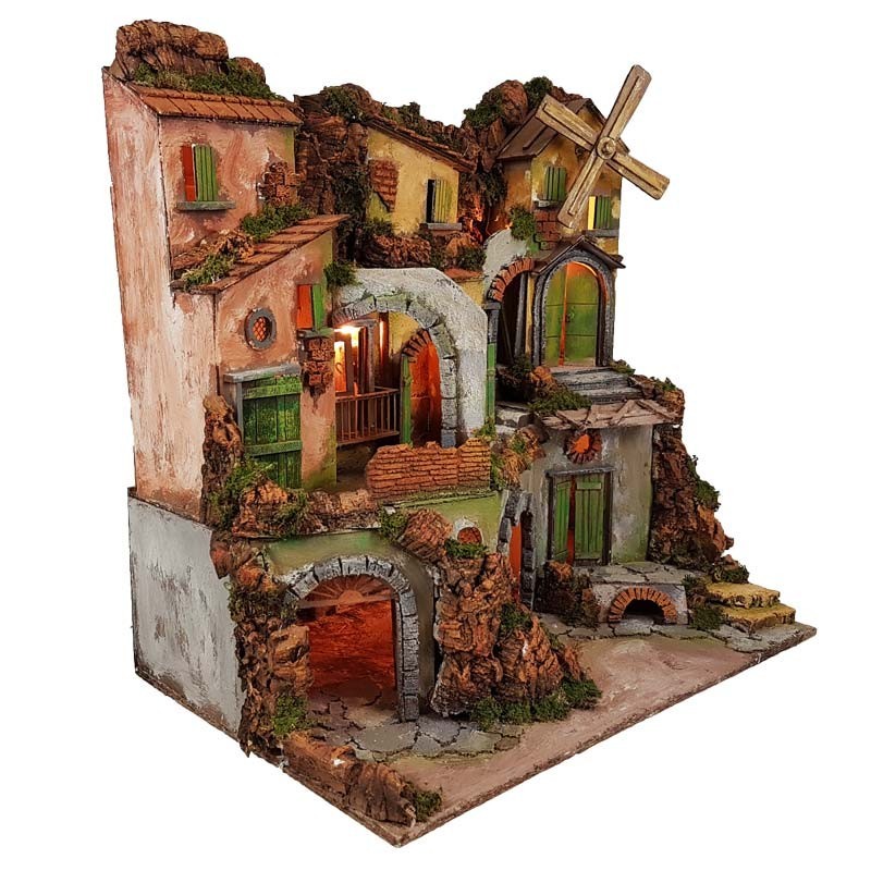 Presepe Borgo stile 700 con mulino a vento e luci 60x40x62 cm