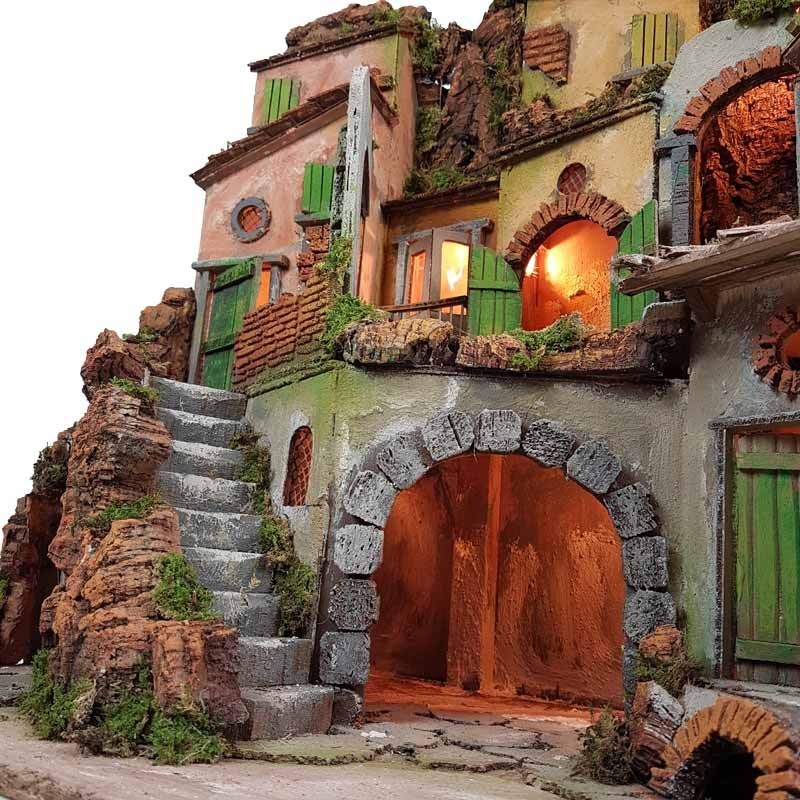 Presepe Borgo stile 700 con mulino a vento e luci 60x40x62 cm