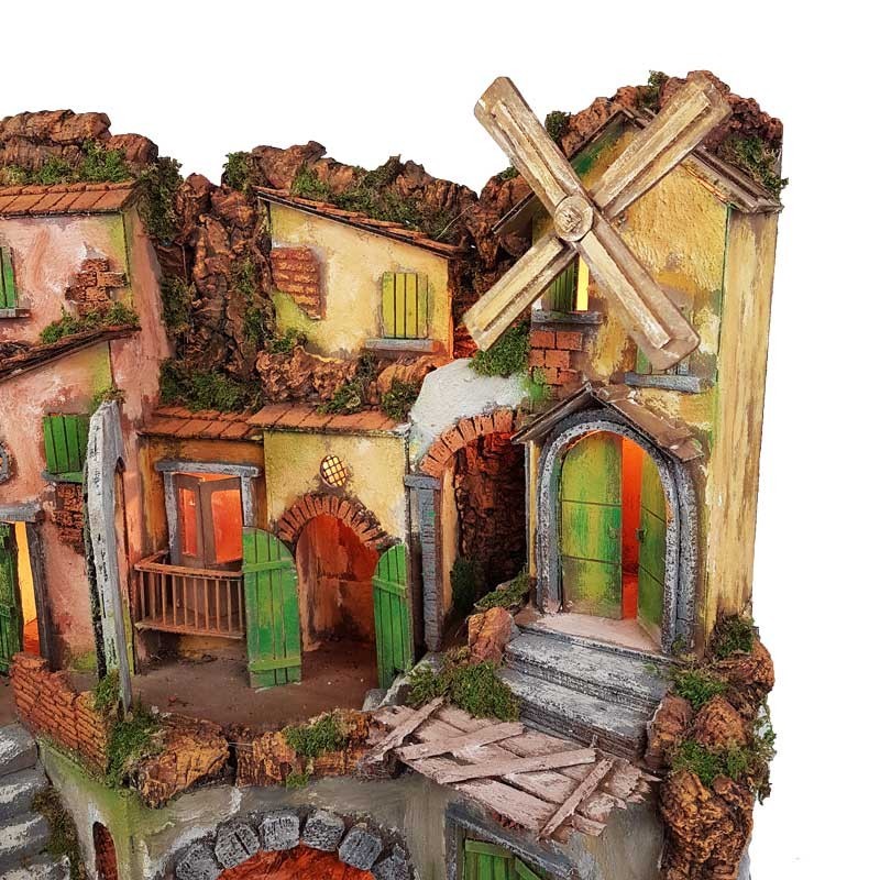 Presepe Borgo stile 700 con mulino a vento e luci 60x40x62 cm