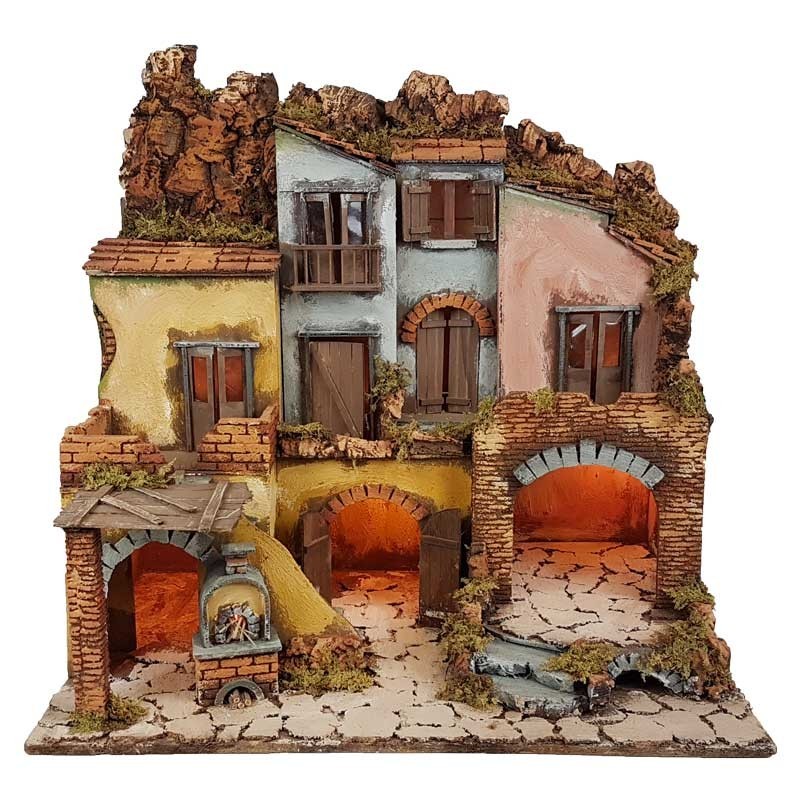 Presepe borgo stile 700 con luci e forno 60x41x60 cm