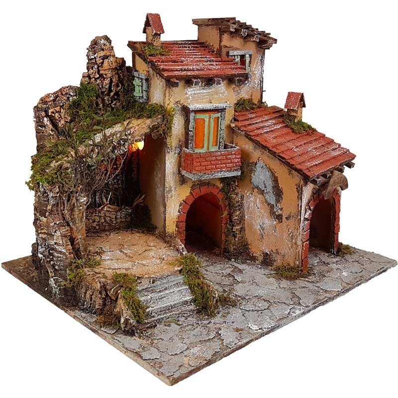 Presepe casolare antico con luci 60x53x48 cm