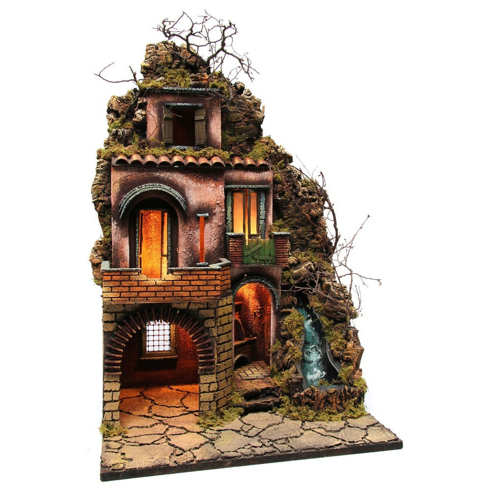Presepe borgo napoletano artigianale con luci cascata e forno 50xx40x60cm