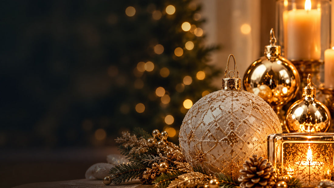 Ambientazione natalizia elegante con decorazioni oro, sfera bianca e candele — banner Chianese Store